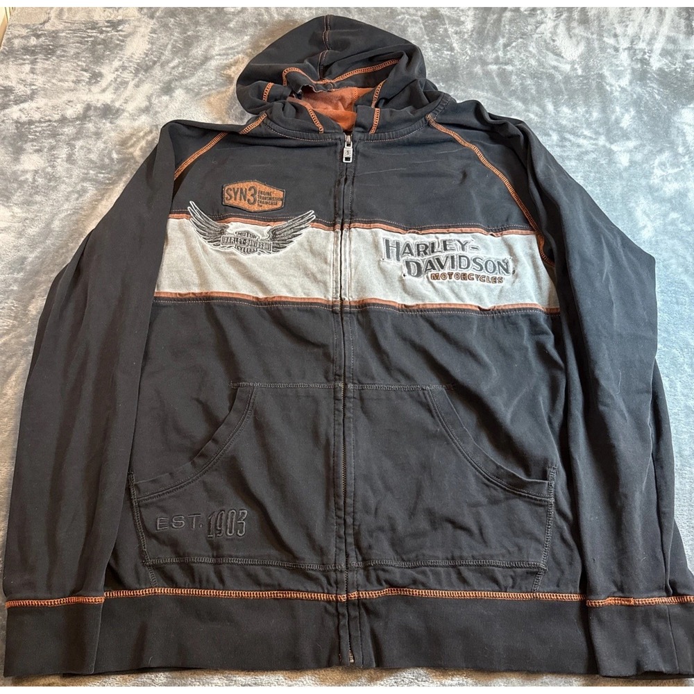 Vintage Harley Davidson Genuine MotorClothes Full Zip Hoodie Blk Gray Wings 2XL